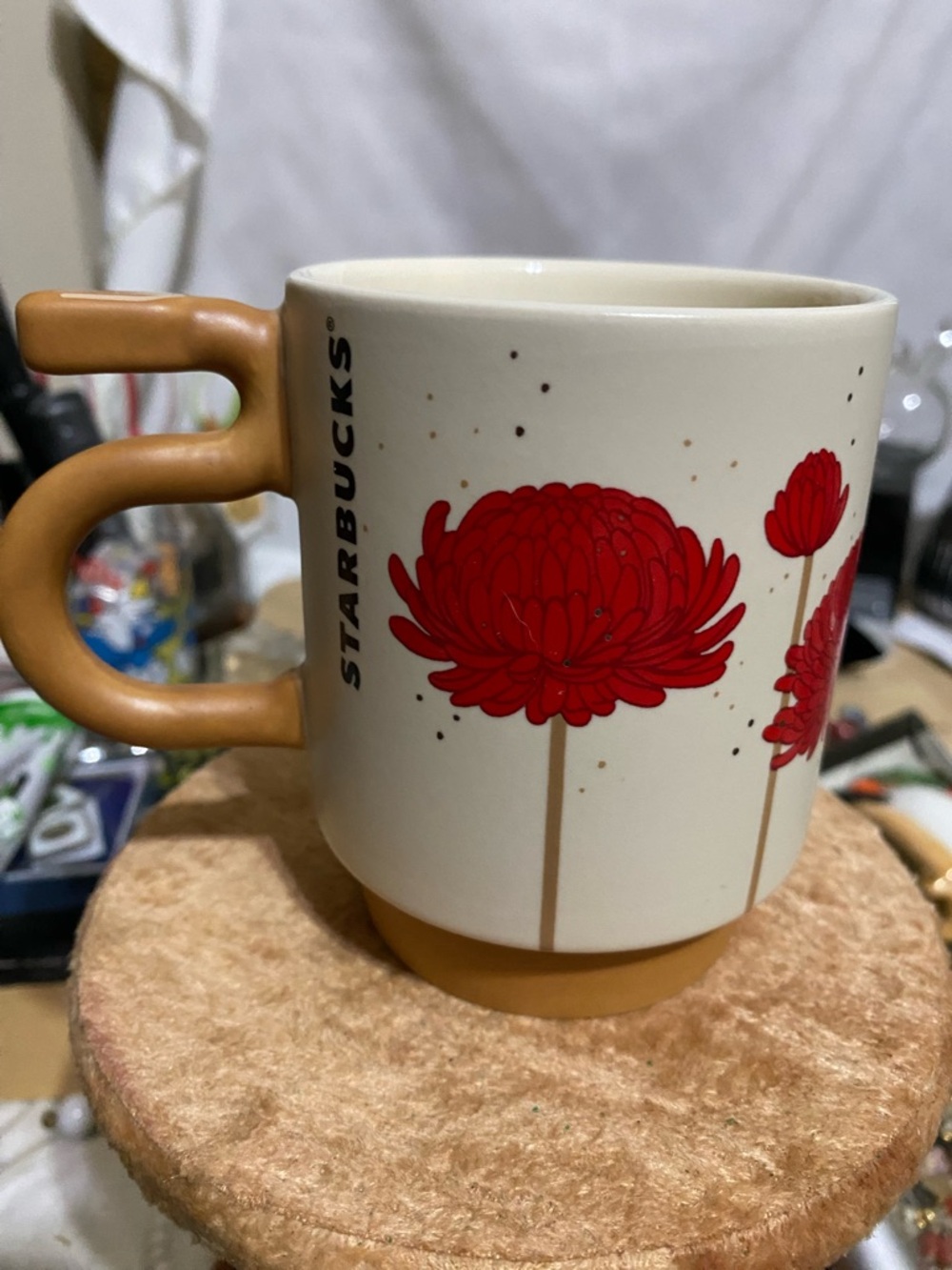 Starbucks Cream Mug with Red Chrysanthemum and Tan Handle